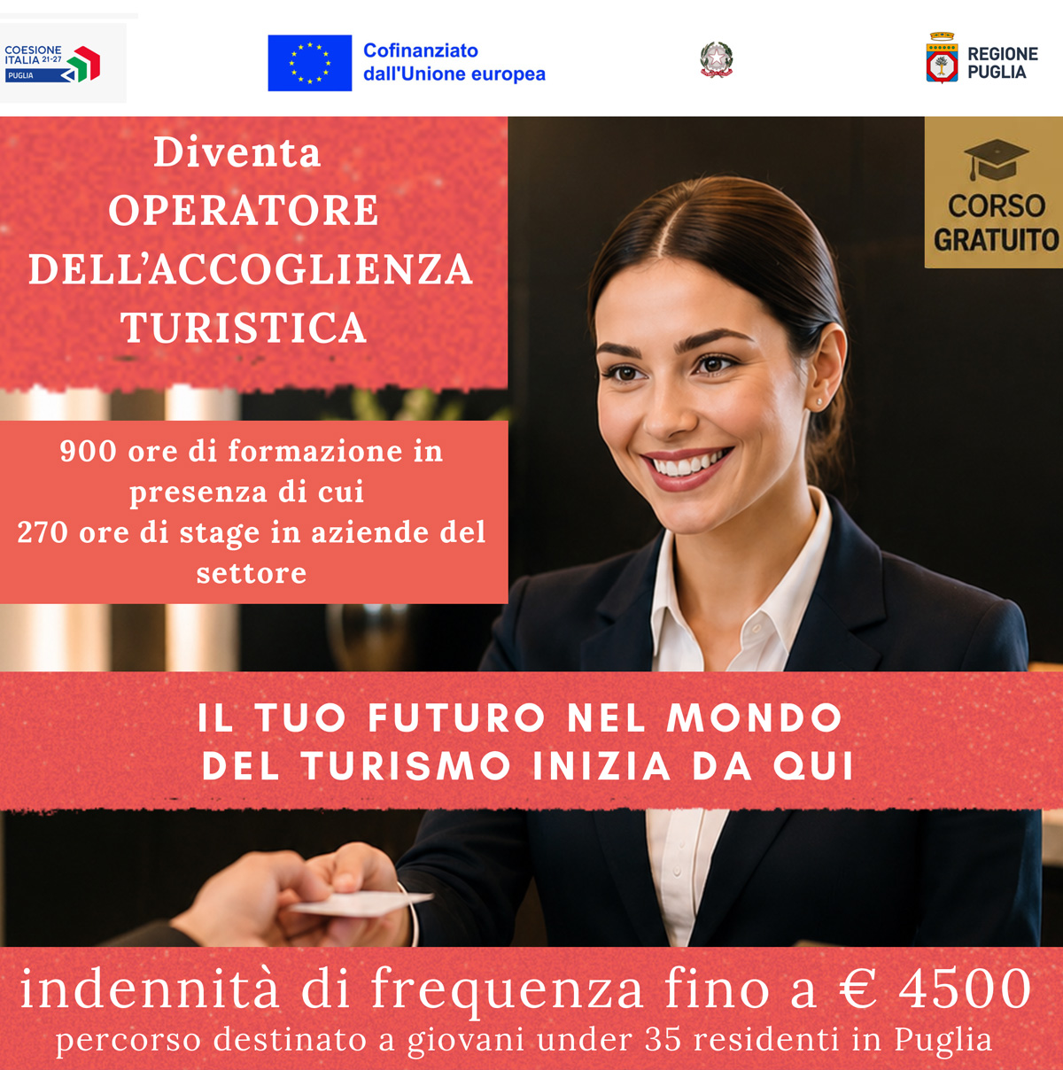 Corso gratuito per addetto al servizio di ricevimento - Turismo- Regione Puglia